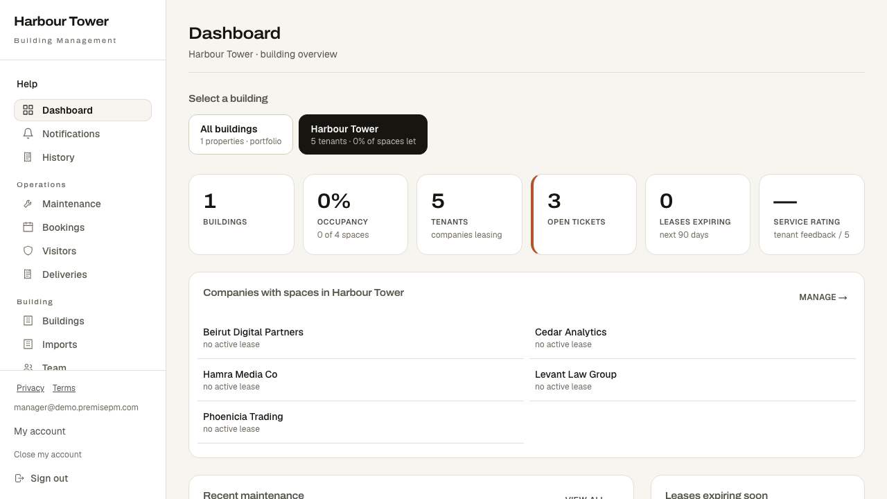 The dashboard — every building you manage