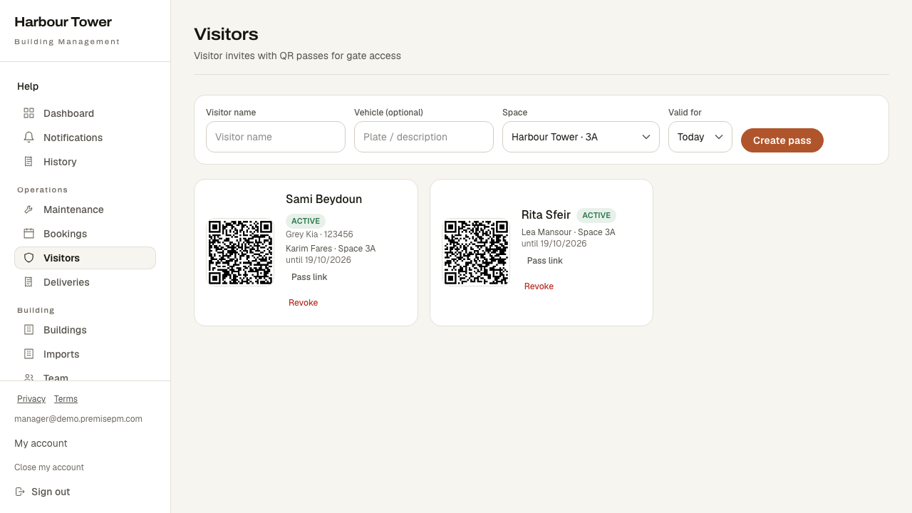 The manager's visitor list in Premise: expected guests with host, time window and status